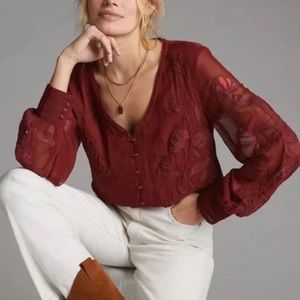 Anthropologie Burgundy Embroidered Blouse